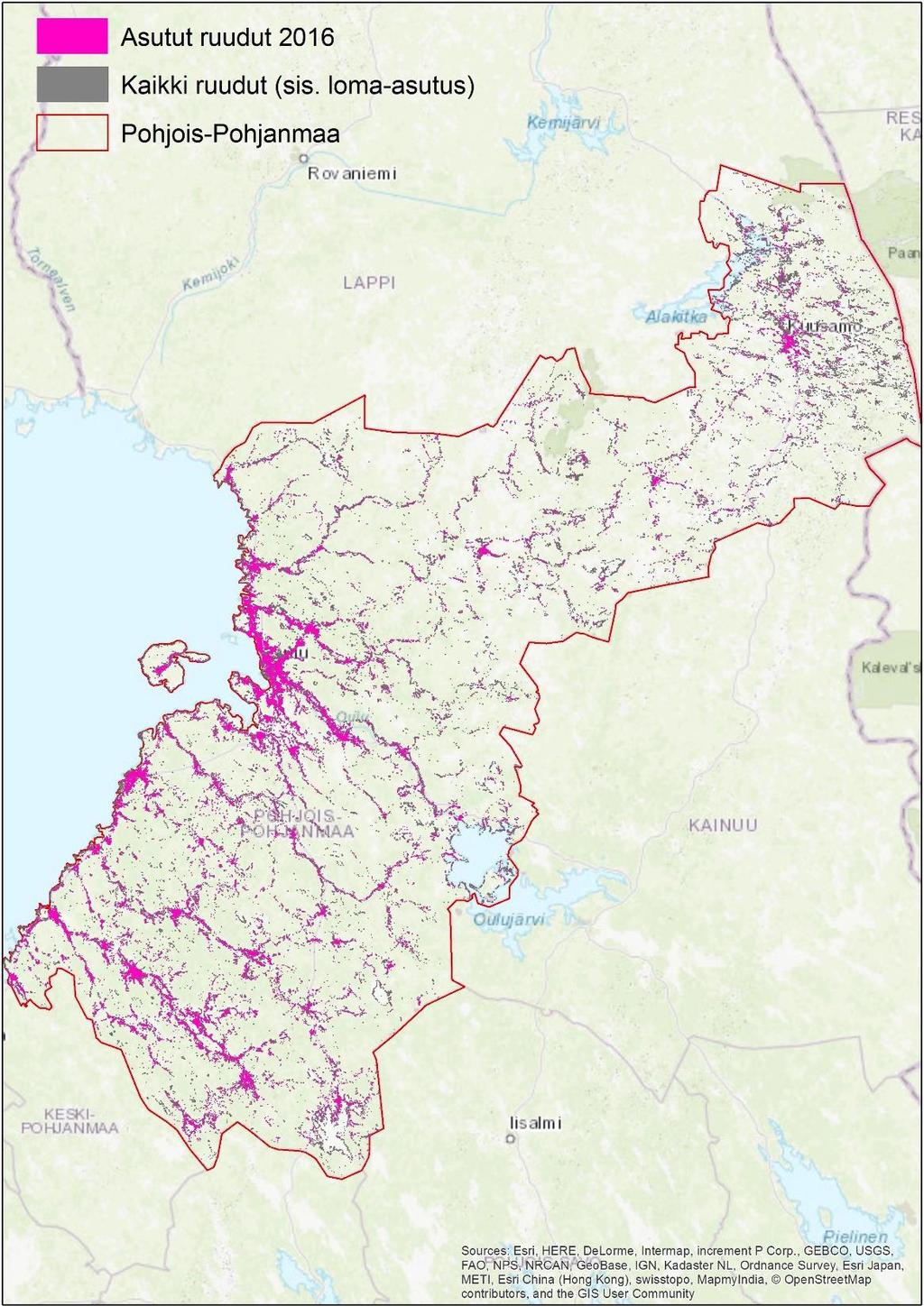 POHJOIS-POHJANMAAN VAKITUISESTI ASUTUT 250 X 250 METRIN TILASTORUUDUT (vähintään 1 asukas vakituisesti) Pohjois-Pohjanmaan koko maapinta-ala yhteensä 37 149 neliökilometriä Pohjois-Pohjanmaan