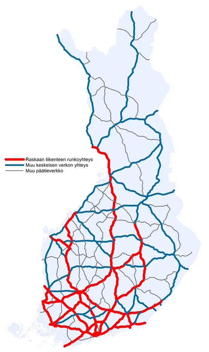 Raskaan liikenteen runkoyhteydet (~3 500 km) yhdistävät valtakunnallisesti ja kansainvälisesti suurimmat keskukset ja palvelevat ensisijaisesti valtakunnallista pitkämatkaista liikennettä, kuten