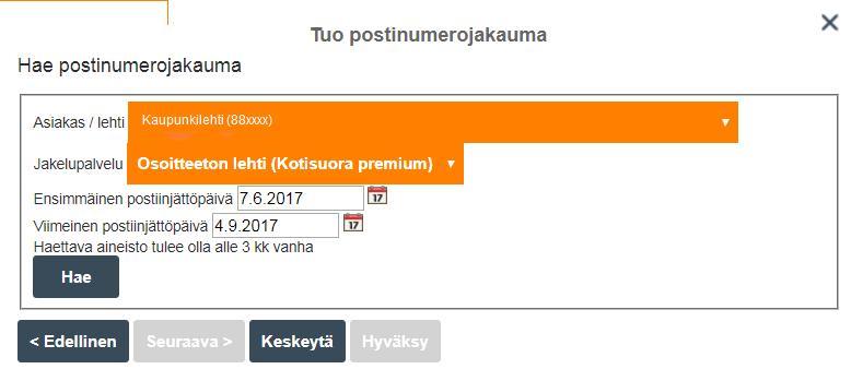 Lehtien vastaanottaja tiedot (tiedot kopioitu vanhalta tilaukselta tai haetaan Lajittelupalvelusta) Postinumerot tuodaan vanhalta tilaukselta Jos käytit tilauksen alussa kopioi tiedot toimintoa, niin