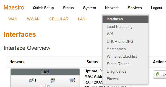 5. Mene seuraavaksi kohtaan Network -> Interfaces. Varmista, että Network Watchdog tilaksi on valittu enable. Aseta Network down timeout in minutes arvoksi 120.