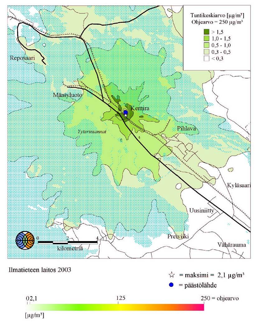 Maaliskuu 2004 97 (140) keskiarvopitoisuudet noin 1,5 km etäisyydellä Porin keskustassa ovat noin 1 µg/m 3 eli alle puoli prosenttia ohjearvosta.