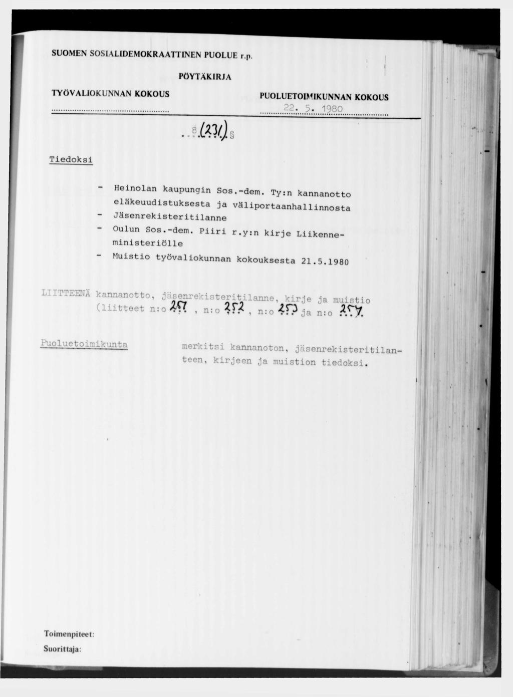 SUOMEN SOSIALIDEMOKRAATTINEN PUOLUE r.n TYÖVALIOKUNNAN KOKOUS...... 22. 5. 1980..? M J w Tiedoksi - Heinolan kaupungin Sos.-dem.