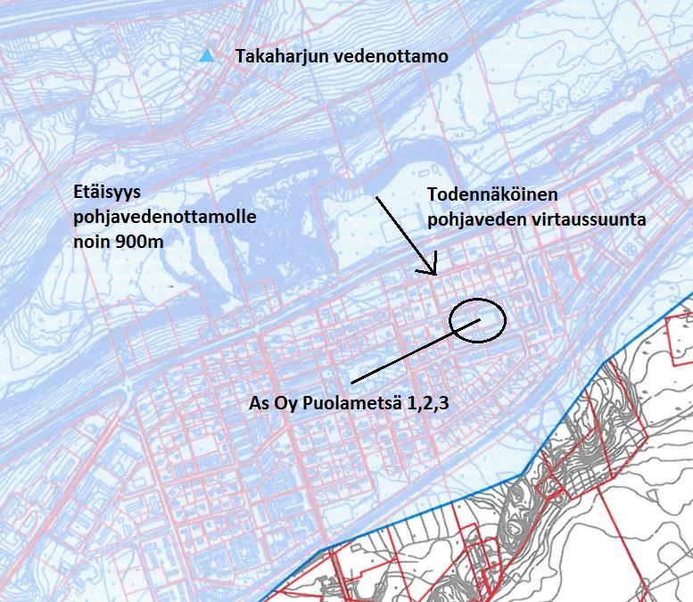 Alla kartta pohjavesialueesta Takaharjun vedenottamon alueelta. Kuva 2.