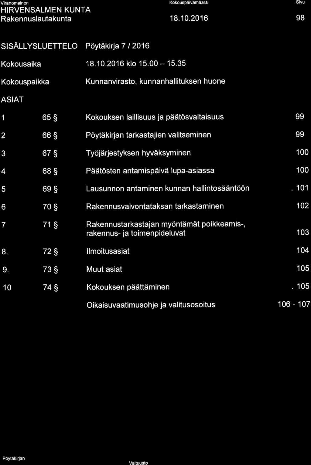 Kokouspäivämäärä 98 STSALLYSLUETTELO Pöytäkirja 7 t 2016 Kokousaika klo 15.00-15.