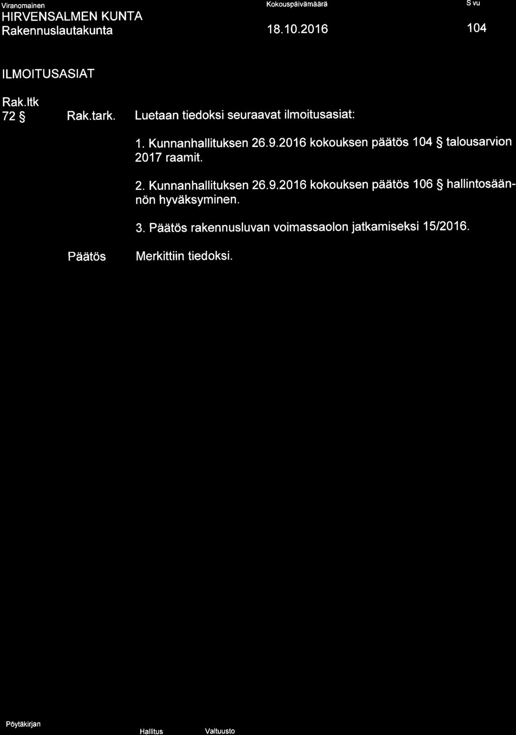 Kokouspäivämäärä 104 ILMOITUSASIAT 72S Rak.tark. Luetaantiedoksiseuraavatilmoitusasiat: 1. Kunnanhallituksen 26.9.2016 kokouksen päätös 104 S talousarvion 2017 raamit. 2. Kunnanhallituksen 26.9.2016 kokouksen päätös 106 S hallintosäännön hyväksyminen.