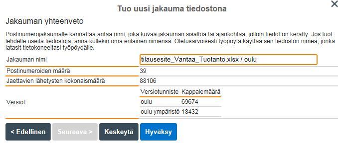 Tiedoston valinnan jälkeen paina Seuraava -painiketta. Tämän jälkeen sinulle näytetään esikatselu-näkymässä lähettämäsi tiedoston sisältö. Klikkaa taulukossa sitä solua, josta alkaa postinumerot.