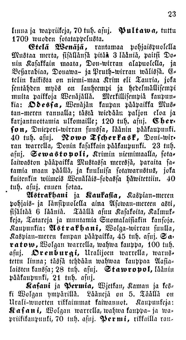 luina ja ivapriikeja, 70 tuh. asuj. 1709 ivuoden sotatappclusta. 23 Pultawa, tuttu Gtelä Wenäjä, rantamaa pohjaispuolclla Mustaa merta, sisällänsä pitäs.