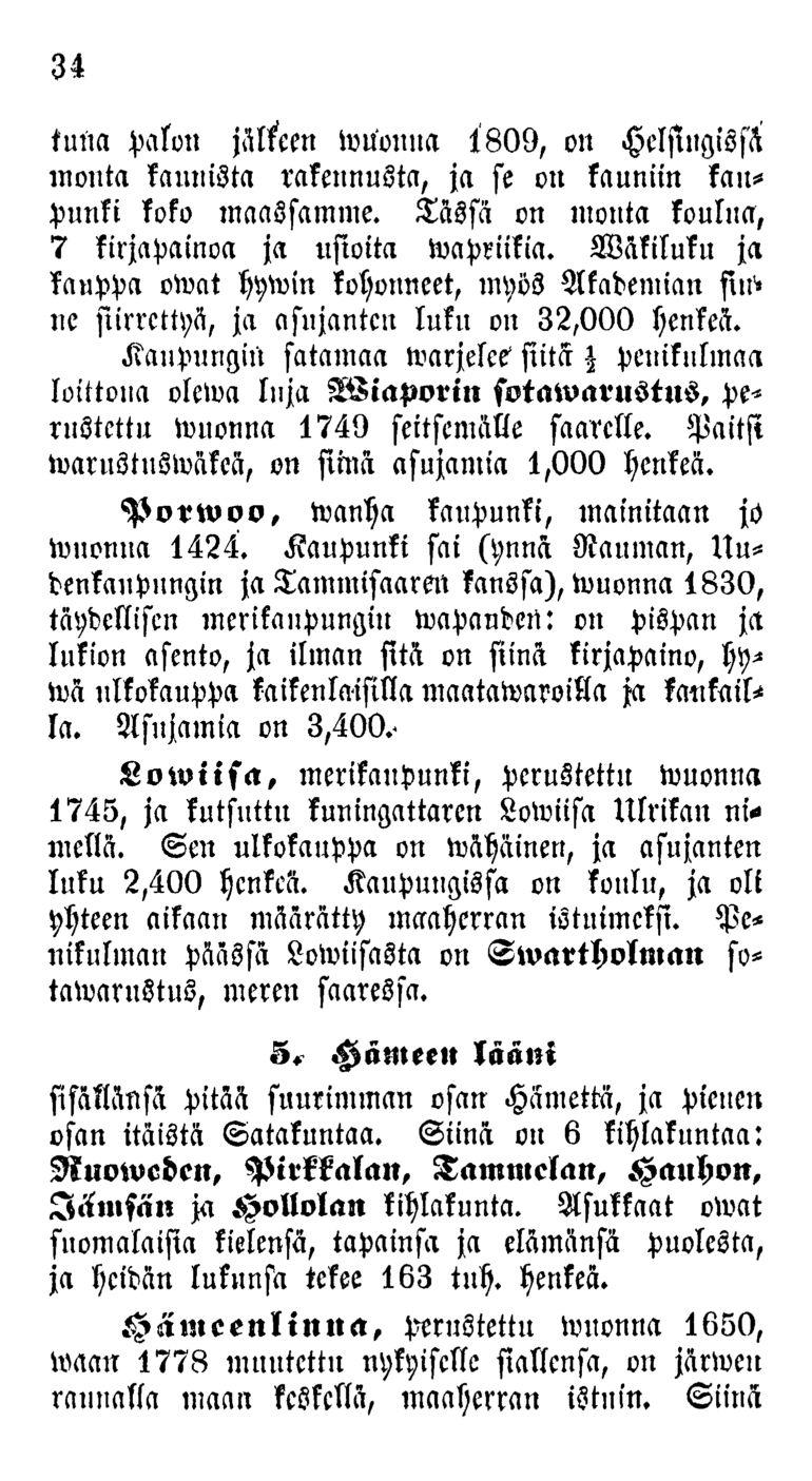 34 tmia palon jälkeen ivuonila 1809, on Helsingissä monta kaunista rakennusta, ja se on kauniin kanpunki koko maassamme. Tässä on monta koulua, 7 kirjapainoa ja usioita lvapriikia.