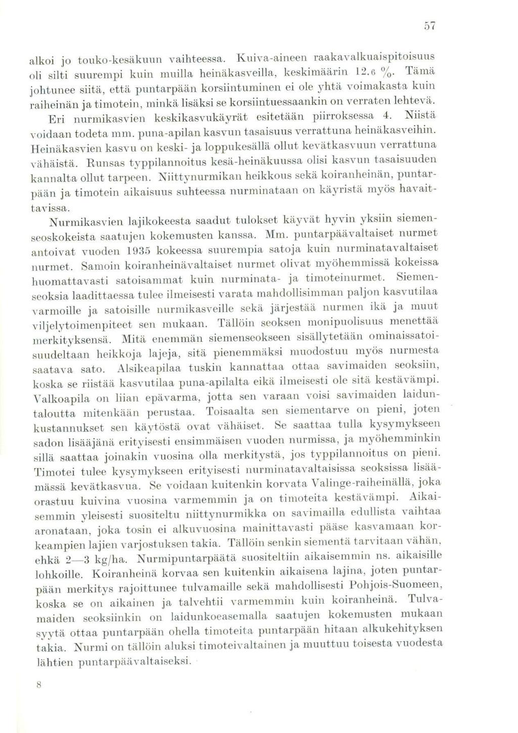 alkoi jo touko-kesäkuun vaihteessa. Kuiva-aineen raakavalkuaispitoisuus oli silti suurempi kuin muilla heinäkasveilla, keskimäärin 2.e %.