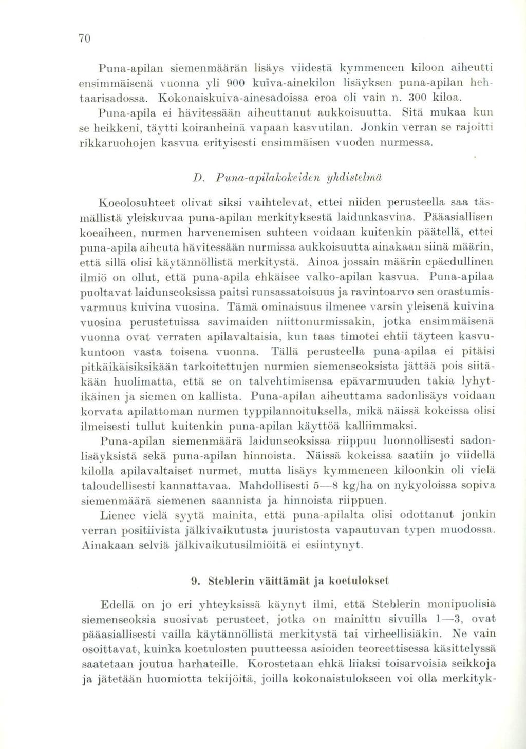 70 Puna-apilan siemenmäärän lisäys viidestä kymmeneen kiloon aiheutti ensimmäisenä vuonna yli 900 kuiva-ainekilon lisäyksen puna-apilan hehtaarisadossa. Kokonaiskuiva-ainesadoissa eroa oli vain n.