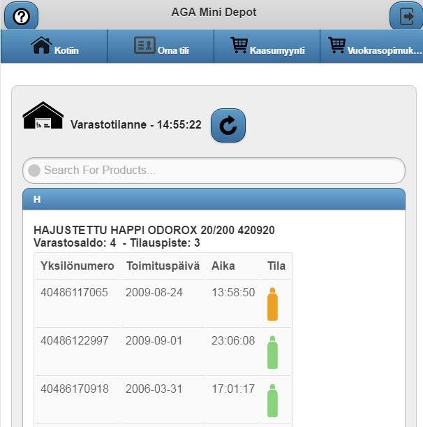 Oma Tili Varastotilanne ja Tarkasta pullo-toiminnot 1 2 VARASTOTILANNE -TOIMINTO Näyttää pullovarastosi varastosaldon ja automaattitäydennyksen tilauspisteet tuotteittain.