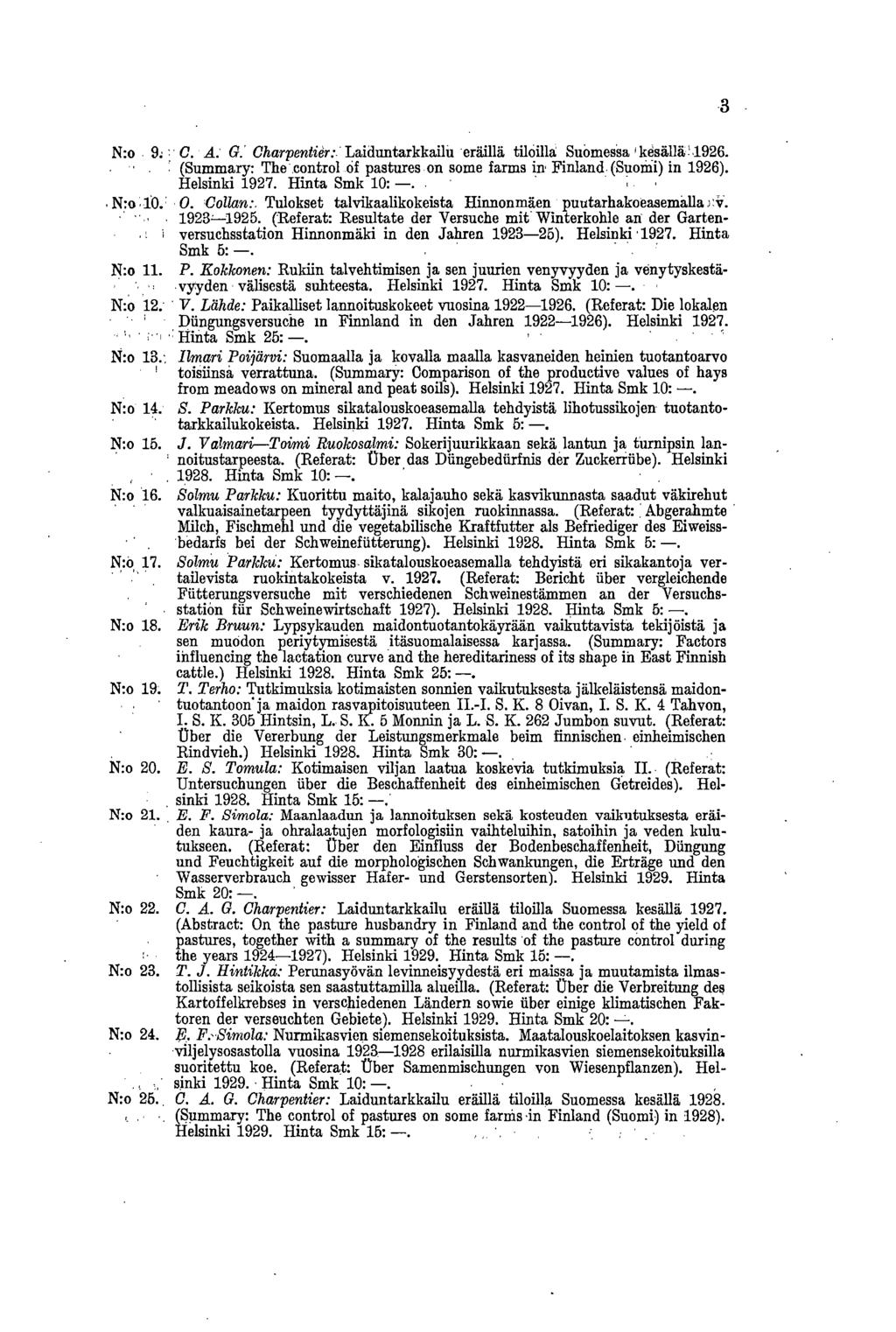 N:o 9: C. A: G.' Charpenlier: Laiduntarkkailu eräillä tiloilla Suomessa kesällä! 1926. (Summary: The control öf pastures on some farms in Finland (Suomi) in 1926). Helsinki 1927. Hinta Smk 10:.