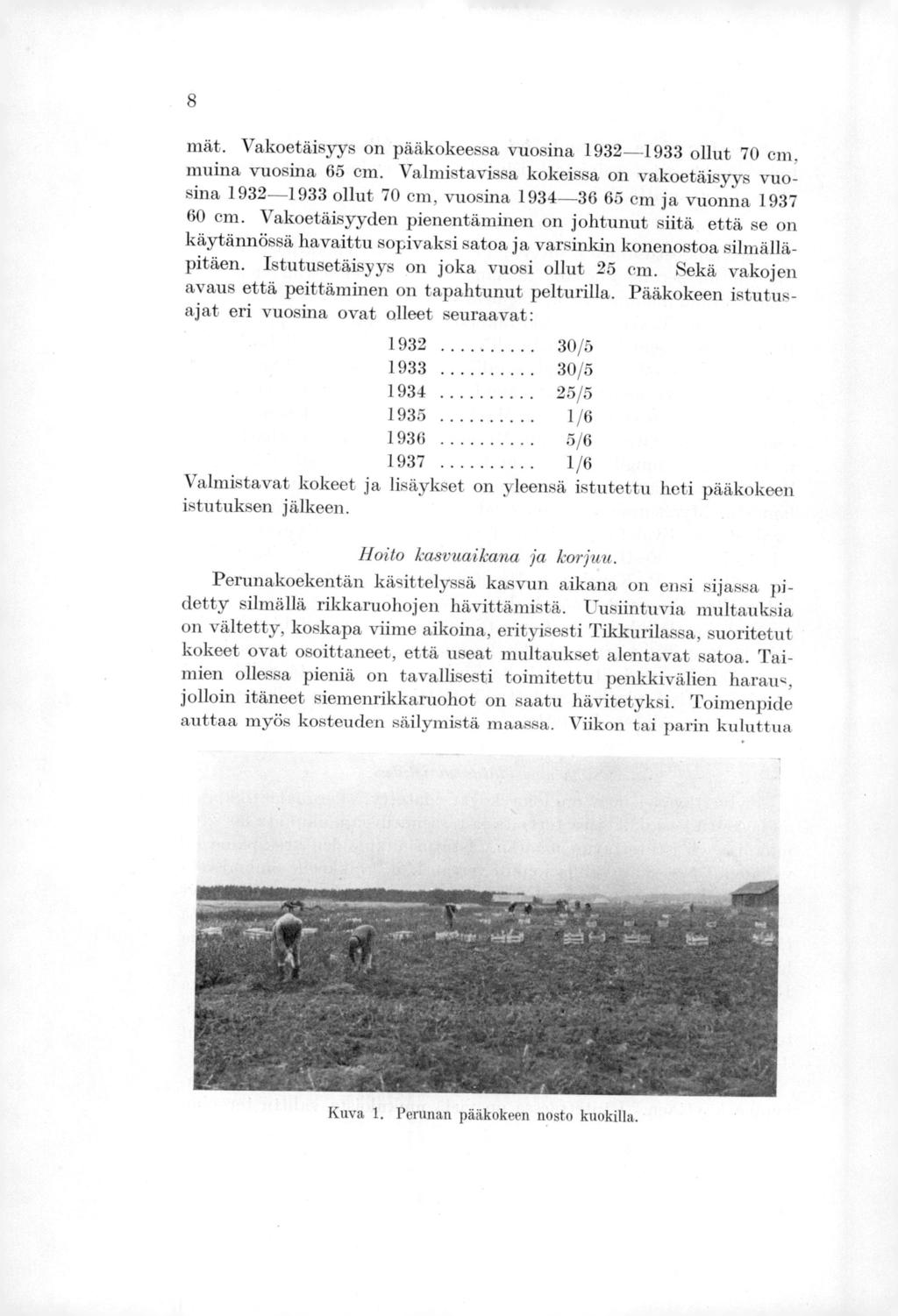 8 mät. Vakoetäisyys on pääkokeessa vuosina 19321933 ollut 70 cm, muina vuosina 65 cm. Valmistavissa kokeissa on vakoetäisyys vuosina 19321933 ollut 70 cm, vuosina 193436 65 cm ja vuonna 1937 60 cm.