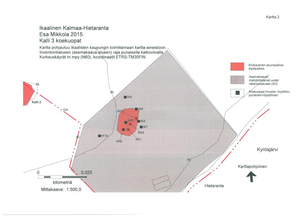 Kartta 2 lkaalinen Kalmaa-Hietaranta Esa Mikkola 2015 Kalli 3 koekuopat Kartta pohjautuu lkaalisten ka=ungin toimittamaan kartta-aineistoon.