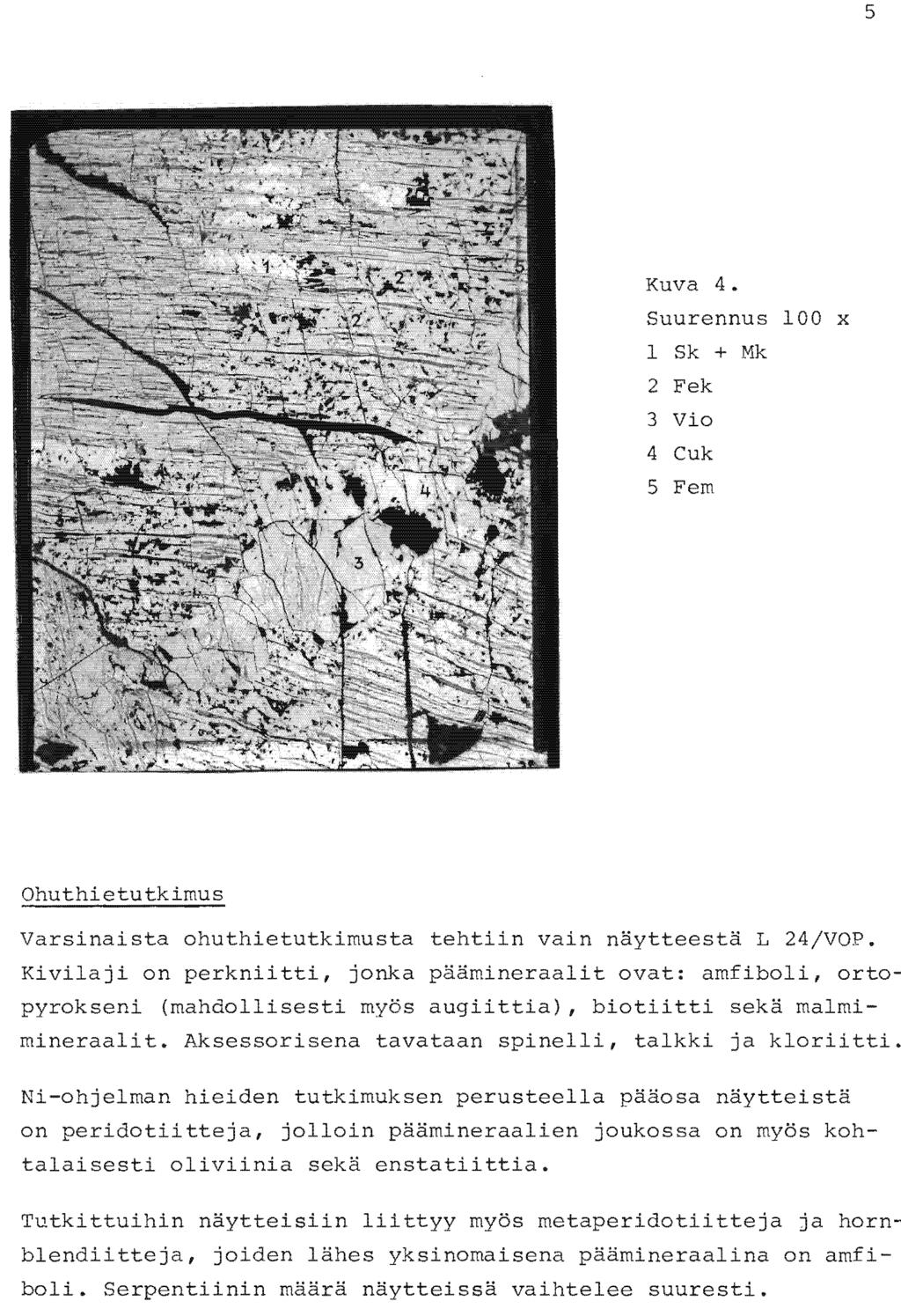 5 Kuva 4 Suurennus 1 x 1 Sk + Mk 2 Fek 3 Vi 4 Cuk 5 Fem s Varsinaista UL.sta tehtiin vain riurraastä L 24VOP. Kivilaji n itti jnka it vat: i rt- (mahdllisesti augiittia) bitiitti ä malmimi it.