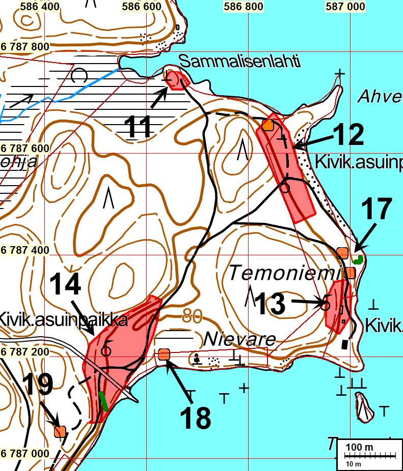 11: Sammalisenlahti; 12: Mietinsaari; 13: