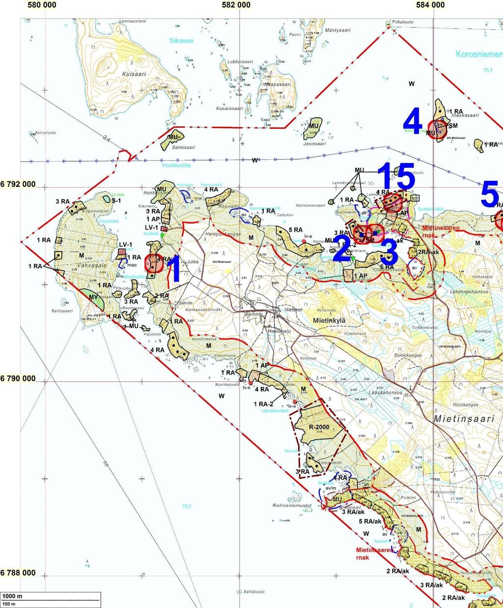 4 Yleiskartat Mietinsaaren yleiskaavaluonnoksen luoteisosa. Raportissa kuvatut kohteet on ympyröity ja numeroitu raportin kohdenumeroin.