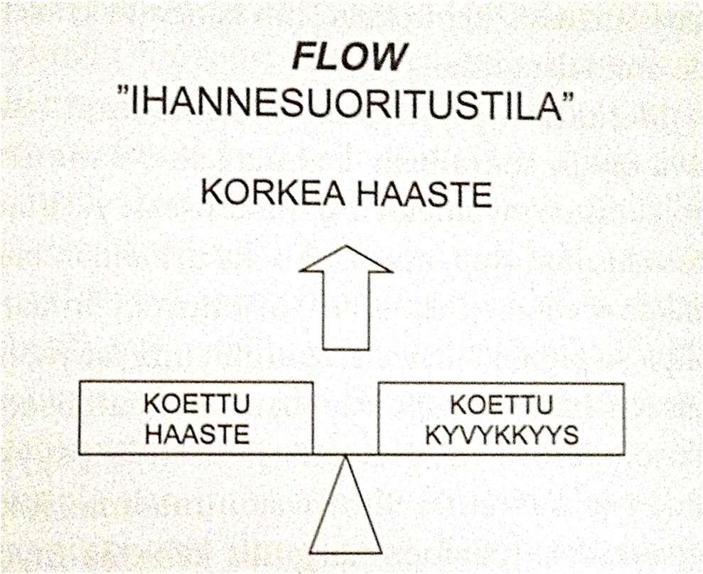 Kuva 10. Flow-tila voidaan saavuttaa, kun koettu haaste ja koettu kyvykkyys ovat keskenään tasapainossa (Liukkonen 2016, 226).