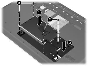 3. Yhdistä kiintolevyn kaapeli (3) tietokoneeseen. Työnnä kaapeli muovikolojen alle. 4. Aseta kiintolevyn kannen kielekkeet (1) tietokoneessa olevia koloja vasten. 5.