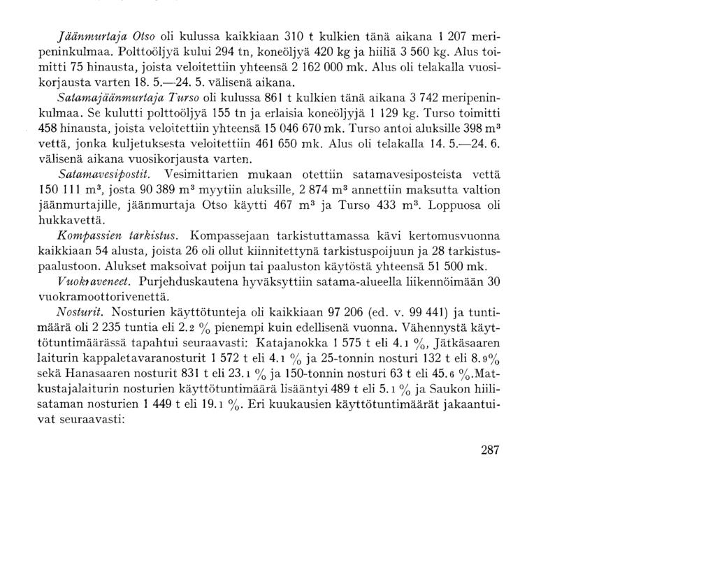 Jäänmurtaja Otso oli kulussa kaikkiaan 310 t kulkien tänä aikana 1 207 meripeninkulmaa. Polttoöljyä kului 294 tn, koneöljyä 420 kg ja hiiliä 3 560 kg.