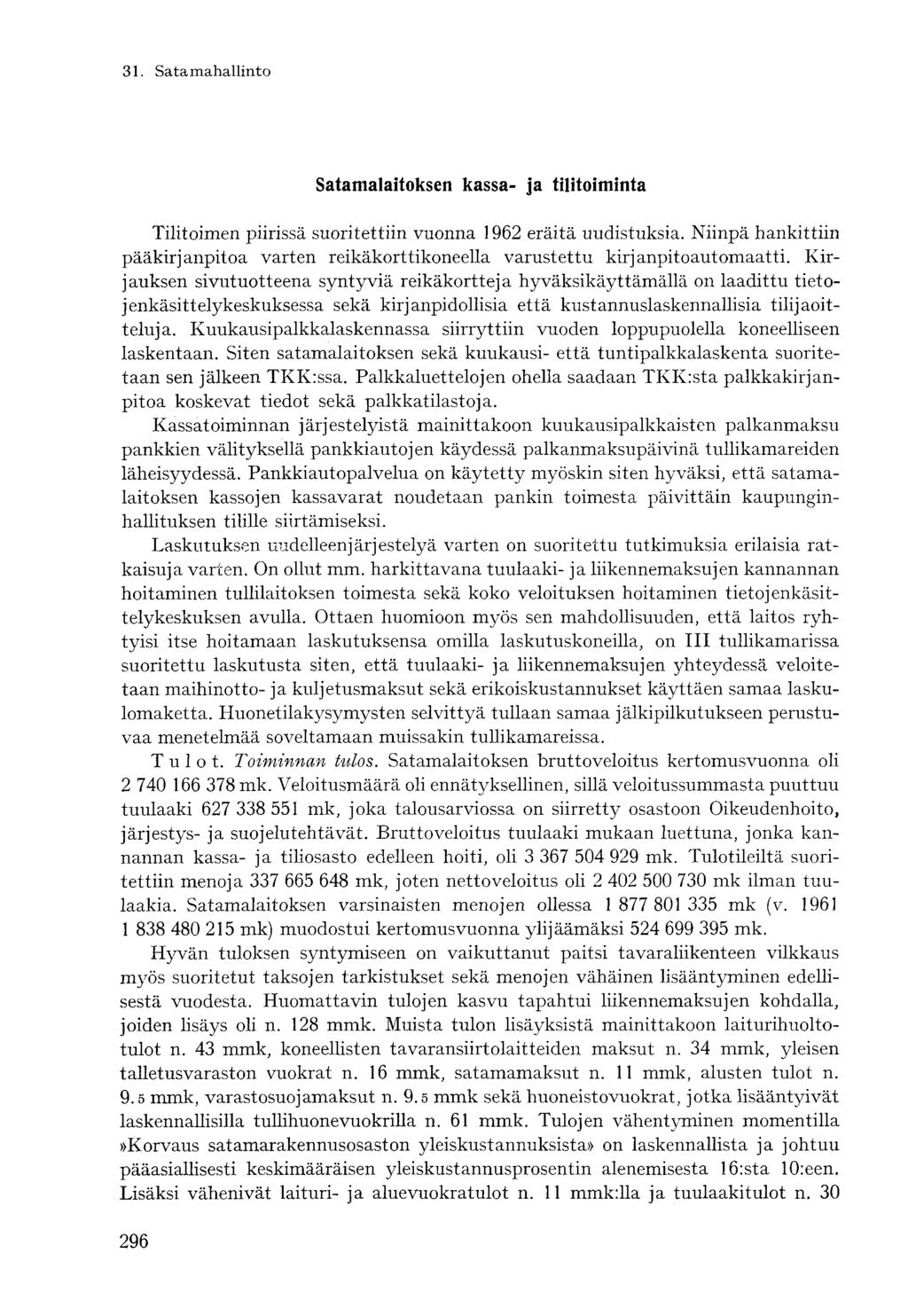 Satamalaitoksen kassa- ja tilitoiminta Tilitoimen piirissä suoritettiin vuonna 1962 eräitä uudistuksia. Niinpä hankittiin pääkirjanpitoa varten reikäkorttikoneella varustettu kirjanpitoautomaatti.