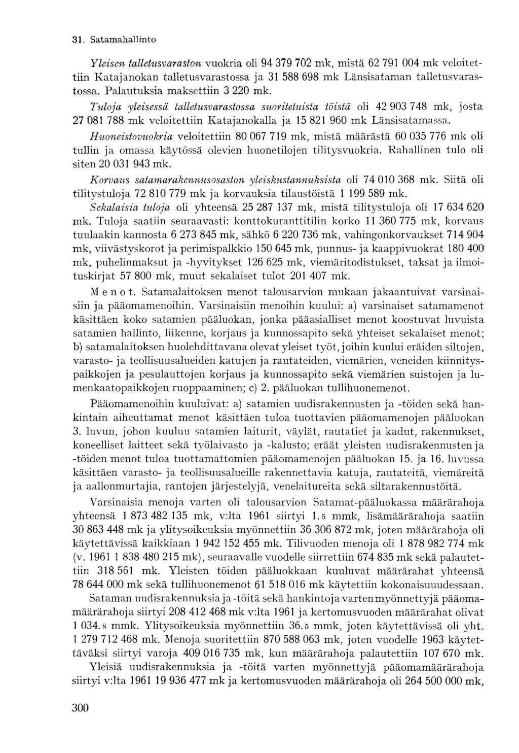 Yleisen talletusvaraston vuokria oli 94 379 702, mistä 62 791 004 veloitettiin Katajanokan talletus varastossa ja 31 588 698 Länsisataman talletusvarastossa. Palautuksia maksettiin 3 220.