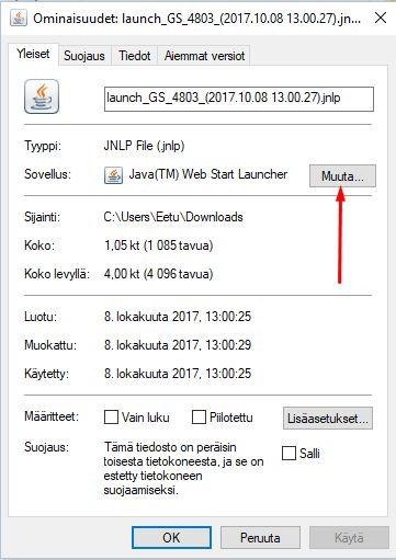 avautuvasta valikosta Ominaisuudet Avautuvasta ikkunasta valitse Muuta.