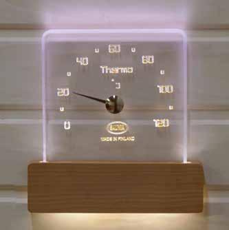46303 Saunan lämpömittari LED-valoilla polykarbonaatti/lämpökäsitelty puu AC240V / DC12V mitat: 185 x 290 x 20mm IP-luokka: IP65 valon väri: lämmin valkoinen valon määrä: 90 lumen Bastutermometer med