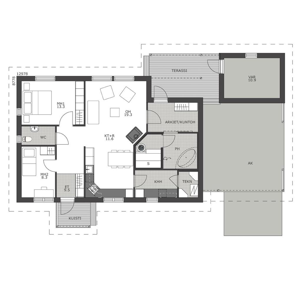 KAARI 109 3 H + K Huoneistoala: 91 m 2 Kerrosala: 109 m2 + varasto 16m2 Kaksi makuuhuonetta, joista suuremmassa reilusti tilaa sängyn