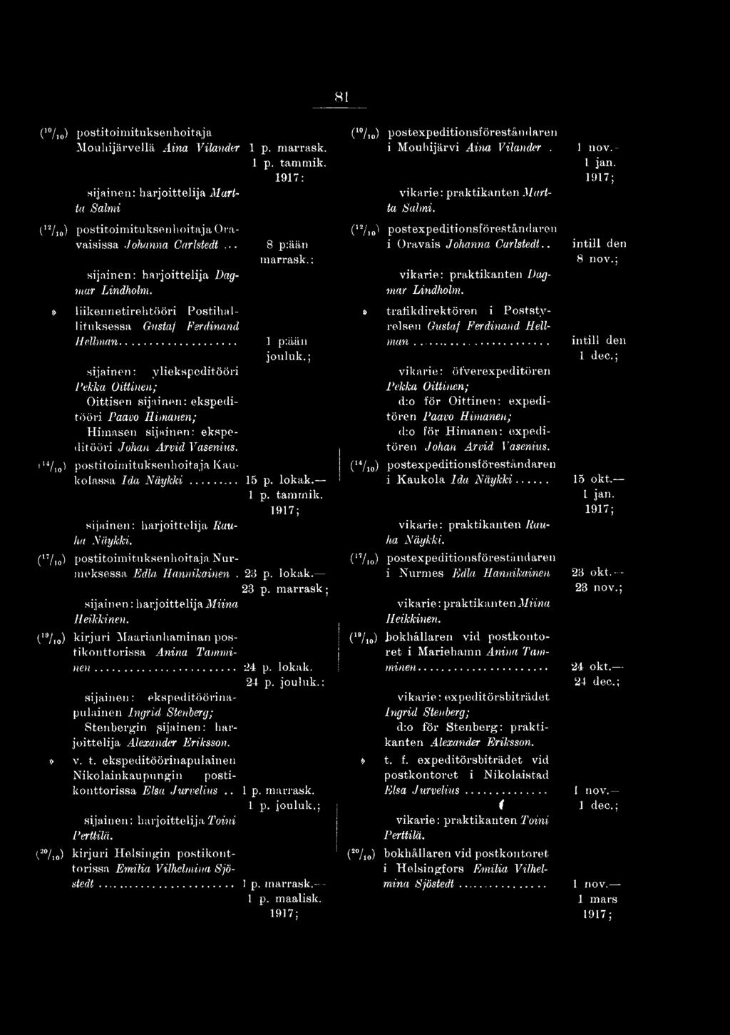 lokak. 23 p. marrask; sijainen: harjoittelija Miina Heikkinen. («/,.) kirjuri Maarianhaminan postikonttorissa Anina Tamminen... 24 p. lokak. 24 p. jouluk.