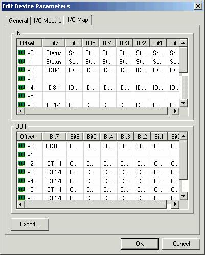 CX-Integrator ja väylän tiedot / GRT1-DRT Tuplaklikki noodiin avaa laitteen parametri-ikkunan Noodi 02 GRT1-DRT parametri-ikkunan I/O Module lehdeltä nähdään asennetut moduulit I/O Map lehdeltä