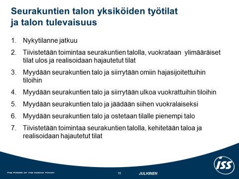 Keskitetyssä päävaihtoehdossa on ensimmäisenä vaihtoehtona tutkittu luopumista seurakuntien talosta myymällä vanha rakennus ja hankkimalla joko ostamalla tai vuokraamalla uudet, mutta nykyistä