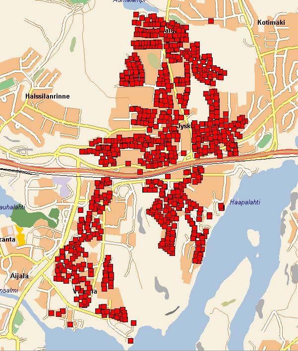 Jyväskylä postinumeroalue 40400 Yhden asunnon taloja 354 kpl, kahden asunnon