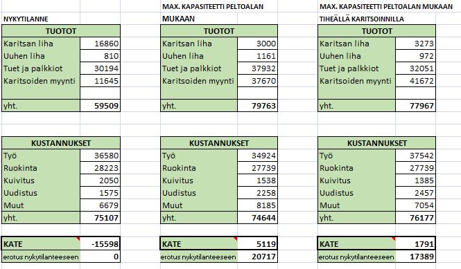 44 (93) Kuva 17. Nykytilanteen ja kahden vaihtoehdon tuotot, kustannukset, kate sekä erotus verrattuna nykytilanteeseen.