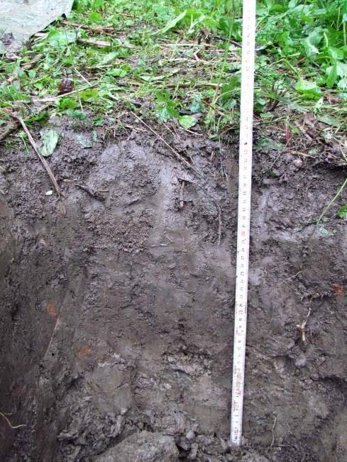 KK3: 0-5 cm turve 5-25 cm ruskea savi (seassa tiilimurskaa) 25-40 cm harmaa savi 40-50 cm savi (pohjamaa) Kuva 36.