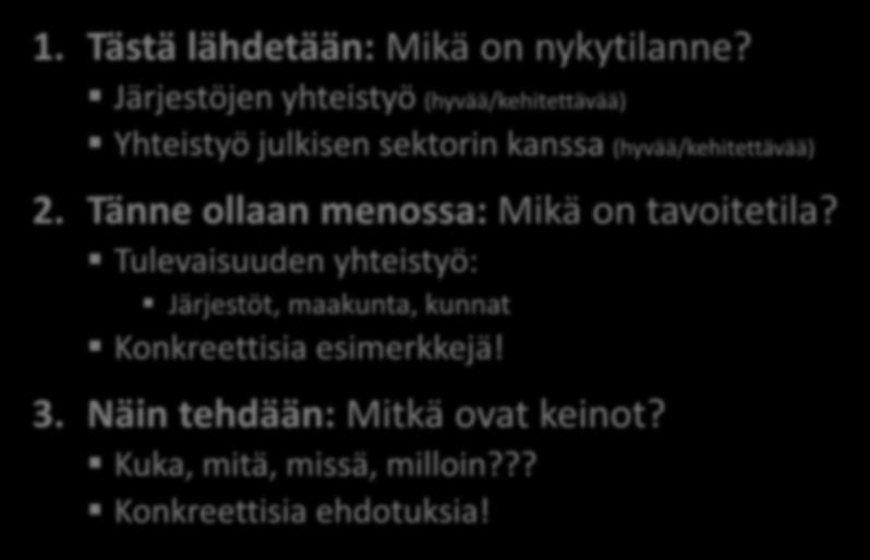 Ryhmätöitä: Teidän näkemykset 1. Tästä lähdetään: Mikä on nykytilanne? Järjestöjen yhteistyö (hyvää/kehitettävää) Yhteistyö julkisen sektorin kanssa (hyvää/kehitettävää) 2.