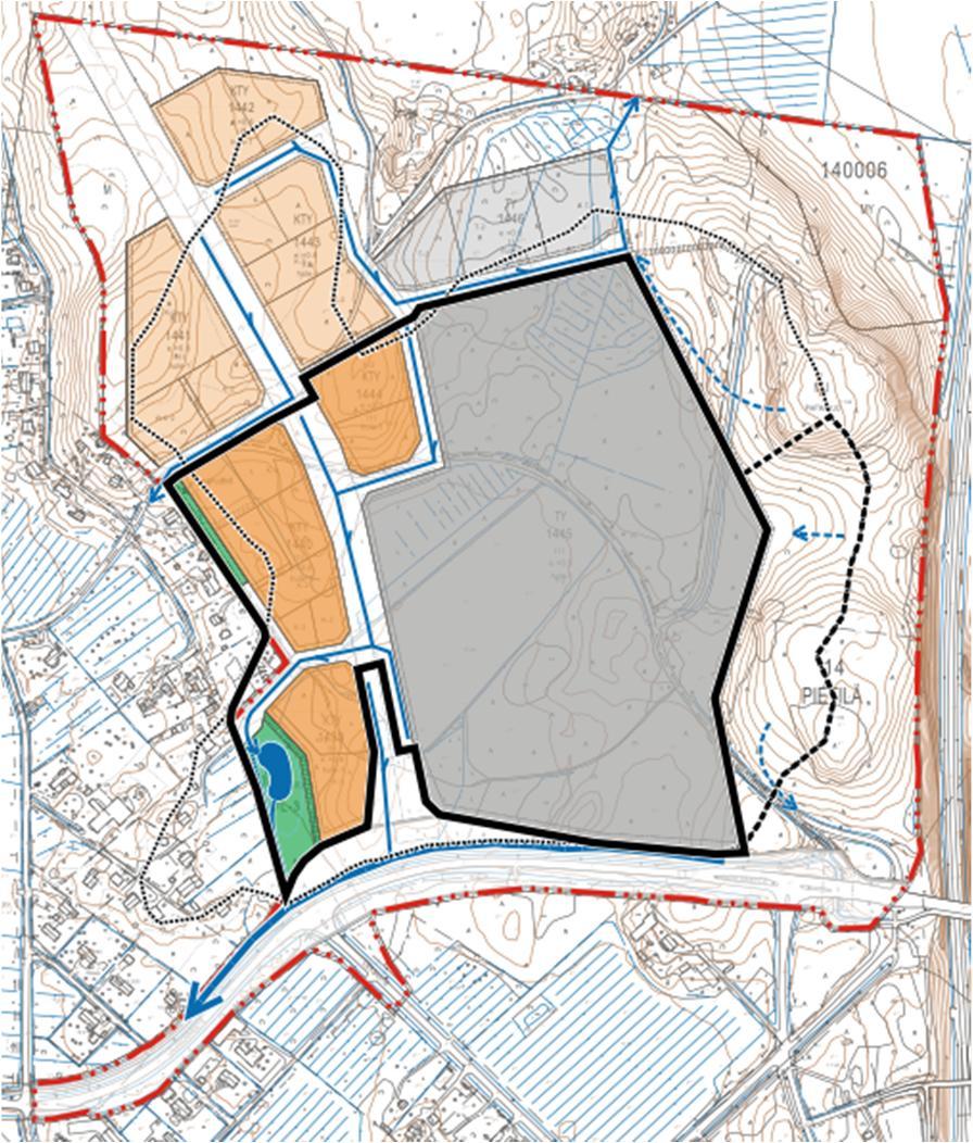 Kaava-alueen reunoilla maankäyttö pysyy maa- ja metsätaloutena (M, MU, MY). Kaavoituksen myötä hulevesien purkusuunnat tulevat muuttumaan.