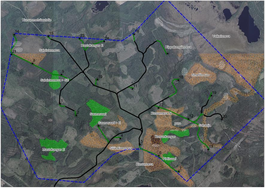 arvolajiesiintymien sijainti (aaltoviiva).