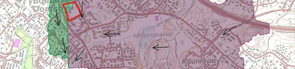 Veden virtausreitti tontin hulevesien purkupisteestä mereen noin 8 km.