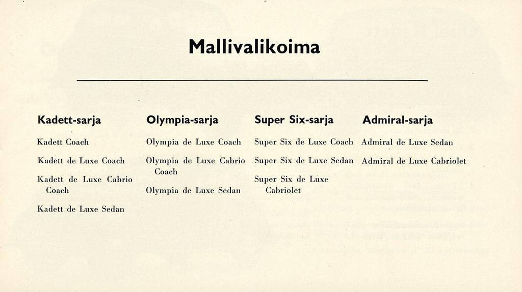 Mallivalikoima Kadett-sarja Olympia-sarja Super Six-sarja Kadett Coaoli Olympia de Luxe Coach Super Six de Luxe Coach Admiral-sarja Admiral de Luxe Sedän Kadett de Luxe Coach