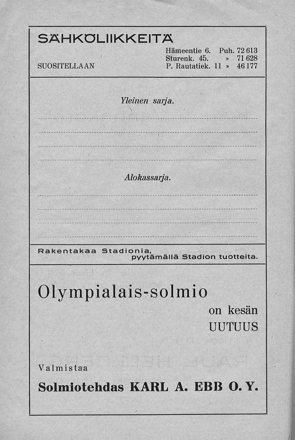 SÄHKÖLIIKKEITÄ Hämeentie 6. Puh. 72 613 SUOSITELLAAN Sturenk. 45. 71628 P. Rautatiek. 11 46177 Yleinen sarja. \ Alokassarja.