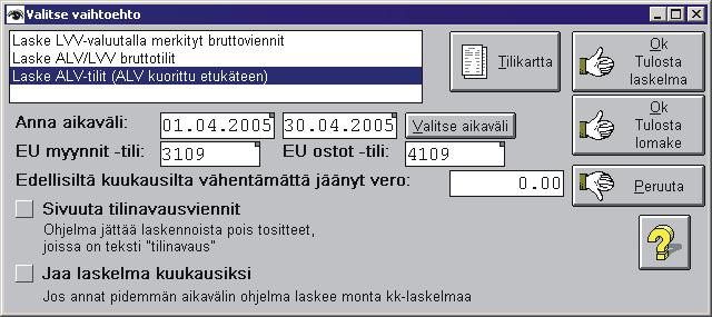 Tämä on muuten samanlainen kuin "Suorita laskenta/tilinpäätös", mutta summia ei esitetä. Molemmissa raporteissa on lisäinfoa mm.