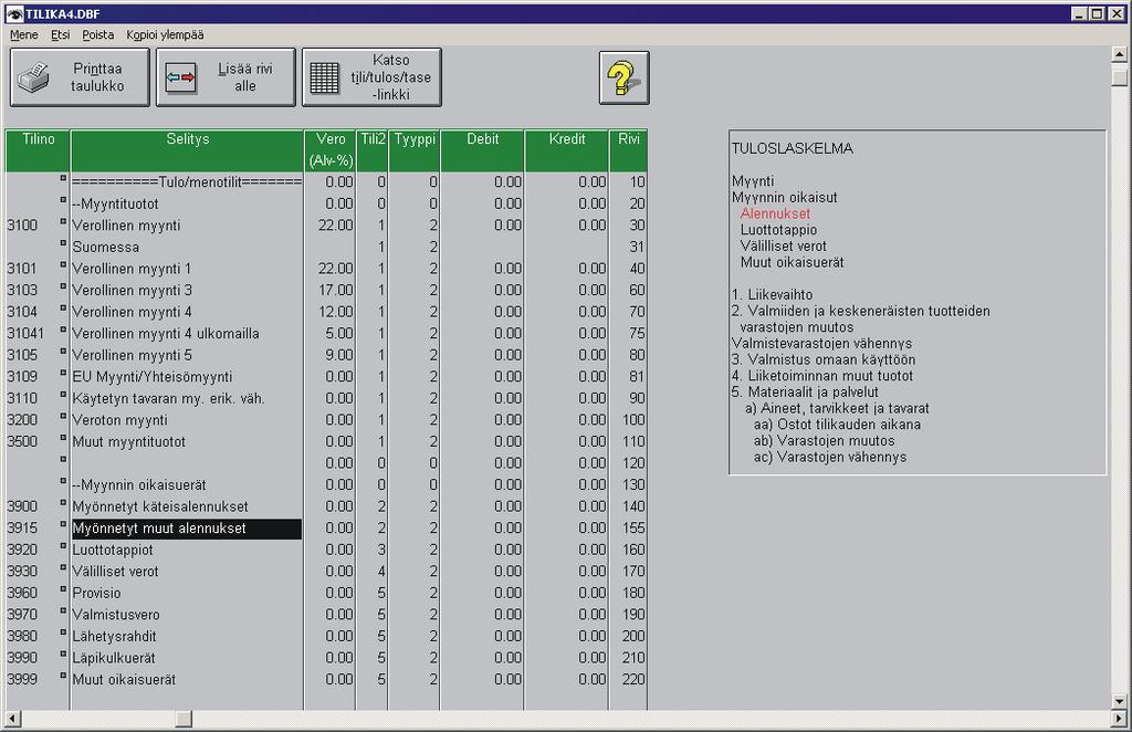 2006 Ikkunassa Käsittele tilikarttaa ja Käsittele tuloslaskelma/tasetta näkyy taulukon vieressä tili2 tiliryhmä -linkitys. Taulukon koko ja sijainti myös säilyy. 14.6.2006 Tilikartan tilien selitys voivat jatkua useammalle riville.