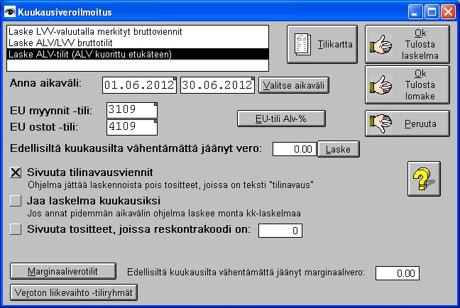 2012 Ohjelmaan on tehty muutos, jolla "Erittele kustannuspaikoittain/projekteittain" ruksi toimii siten, että: - jos ruksi on päällä ja alla olevaan kenttään on annettu pilkulla erottaen