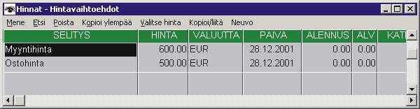 .1.2004 Kassa-alennus vaihtoehto Korko/alennus -ikkunassa. 20.1.2004 Hae osto/myynti -hinta -napit Korko/alennus ikkunassa.