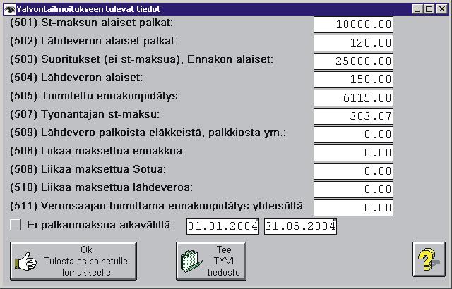 7.9.2004 Video-opaste palkkatietojen TYVI valvontailmoituksen tekemisestä. 24.11.2004 Palkkoja syötettäessä Työaika yks. -sarakkeessa pistenappi, jolla voidaan syöttää tunnit. 29.12.