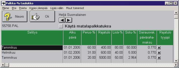 2006 Palkkatapahtumat taulukossa voi poistaa myös Poista -toiminnolla halutun aikavälin palkat. 10.12.2005 Sairausvakuutuksen päivärahamaksu ".