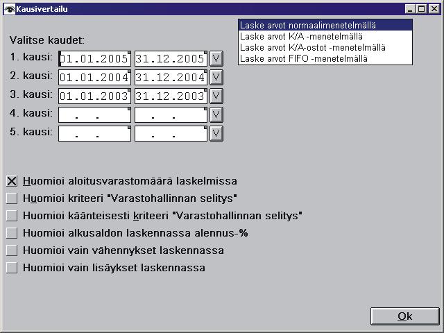 29.12.2003 Varastonarvon ja tilanteen laskemisessa kaksi uutta kriteeriä: Jätä pois laskelmista varastosaldot laskee tilanteen vain tuotekortin ja aloitusvarastomäärän mukaan.