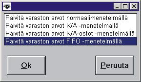 2004 FIFO -menetelmä Varastonarvon ja tilanteen laskemisessa. 17.7.2004 Jos kahdella tai useammalla tuotteella on sama viivakoodi se voidaan tarkistaa. 3.7.2004 EAN tarroja tai tuotelistausta tulostaessa voidaan määrittää väli, jolta kriteereihin sopivat tuotteet tulostetaan.