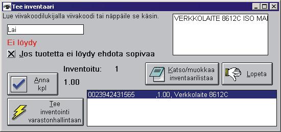 Kirjainkoolla ei ole väliä kriteereissä. 12.7.2005 Inventaariohjelmassa ohjelma voi ehdottaa sopivan tuntuisia tuotteita, jos tuotekoodia ei muisteta.